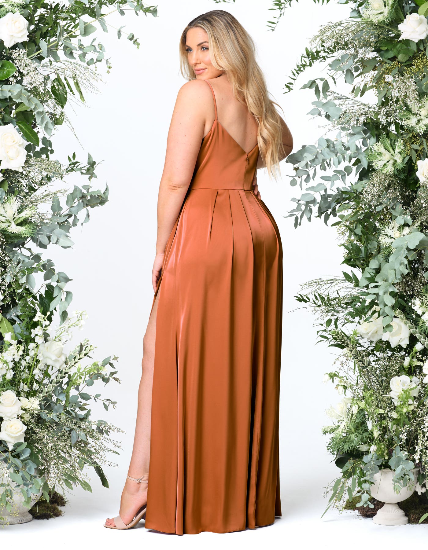 Brea a draped satin bridesmaids dress with split skirt | wed2b Brea a draped satin bridesmaids dress with split skirt | wed2b