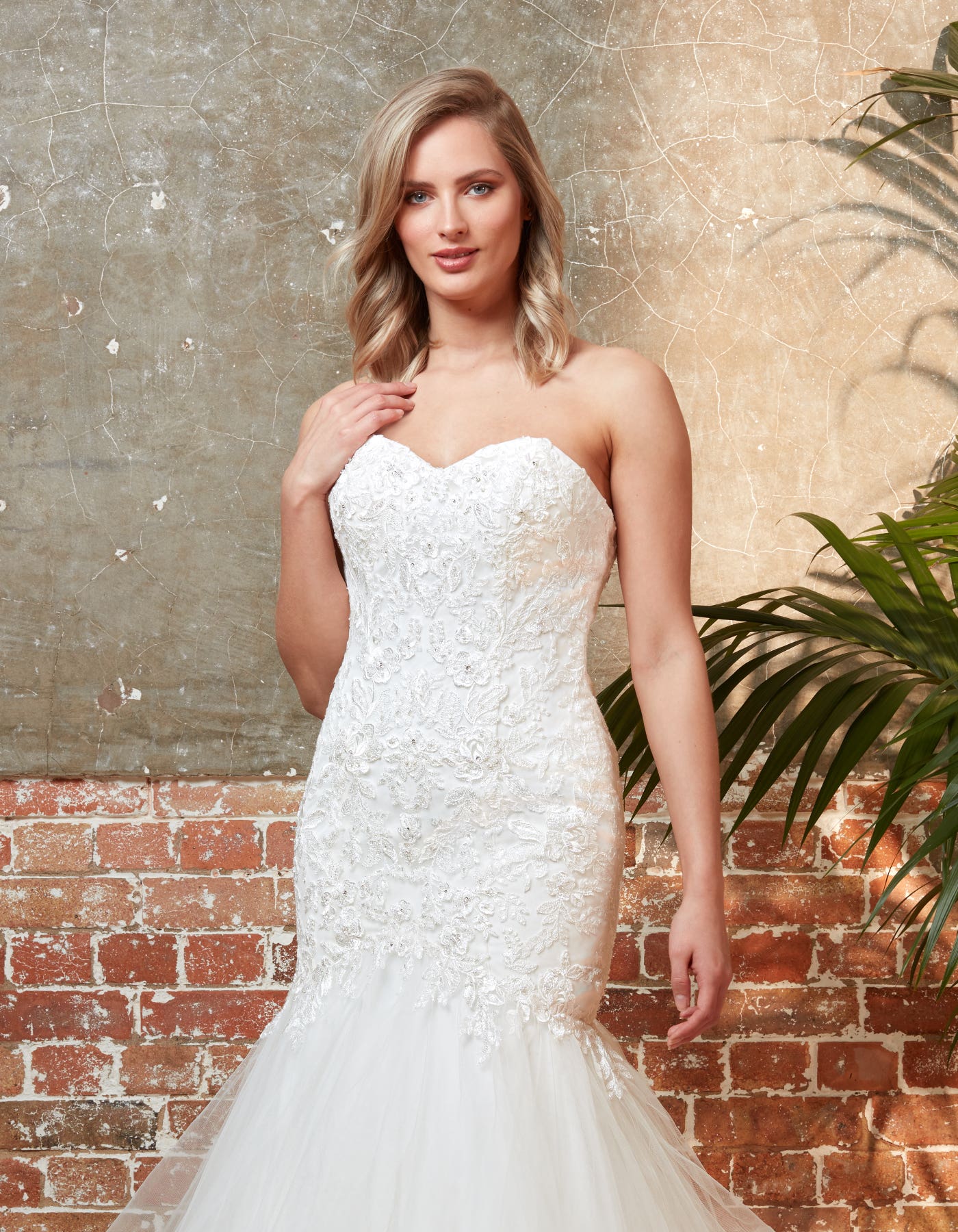 Elly strapless lace mermaid with waterfall skirt | wed2b Elly strapless lace mermaid with waterfall skirt | wed2b