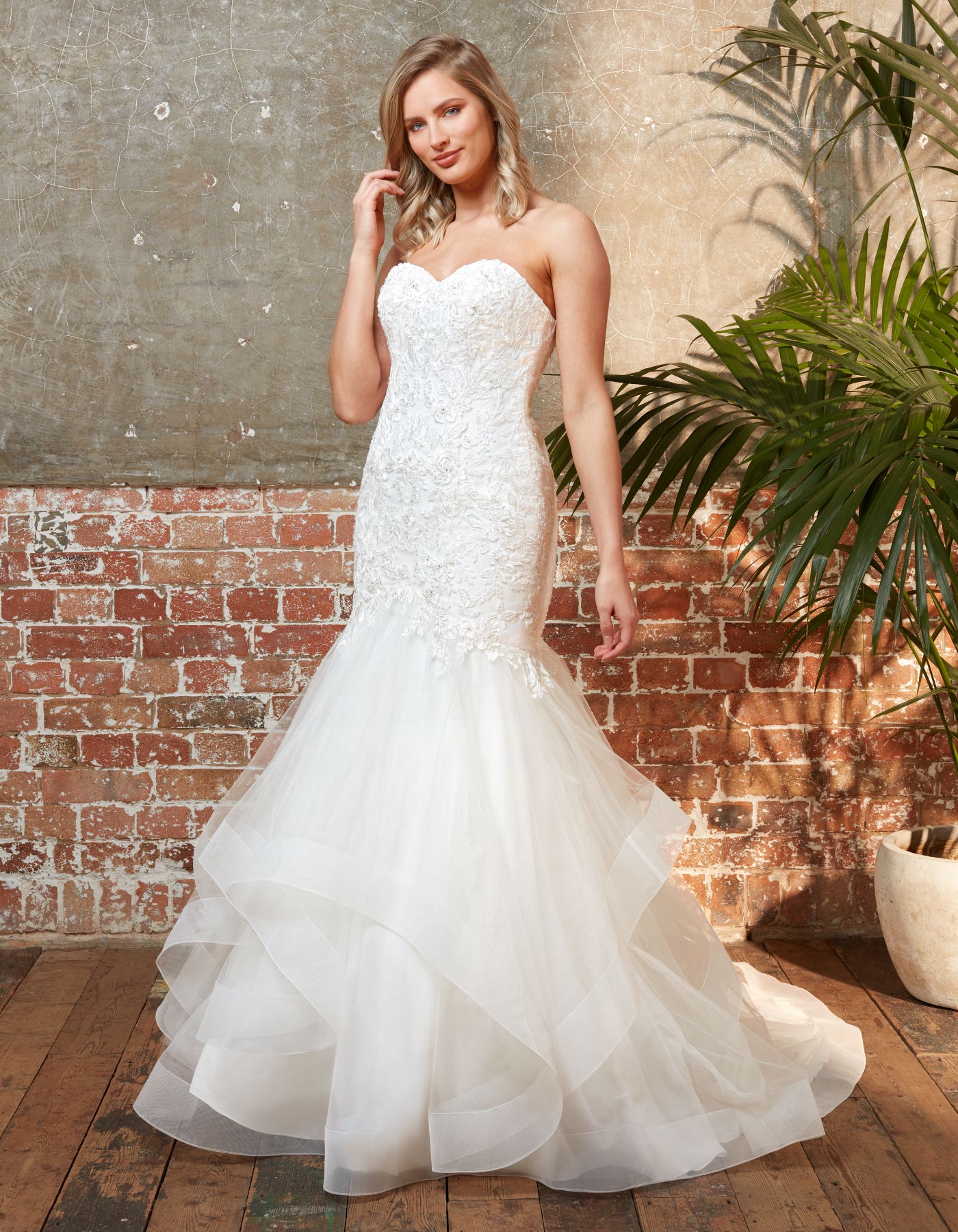 Elly strapless lace mermaid with waterfall skirt | wed2b Elly strapless lace mermaid with waterfall skirt | wed2b