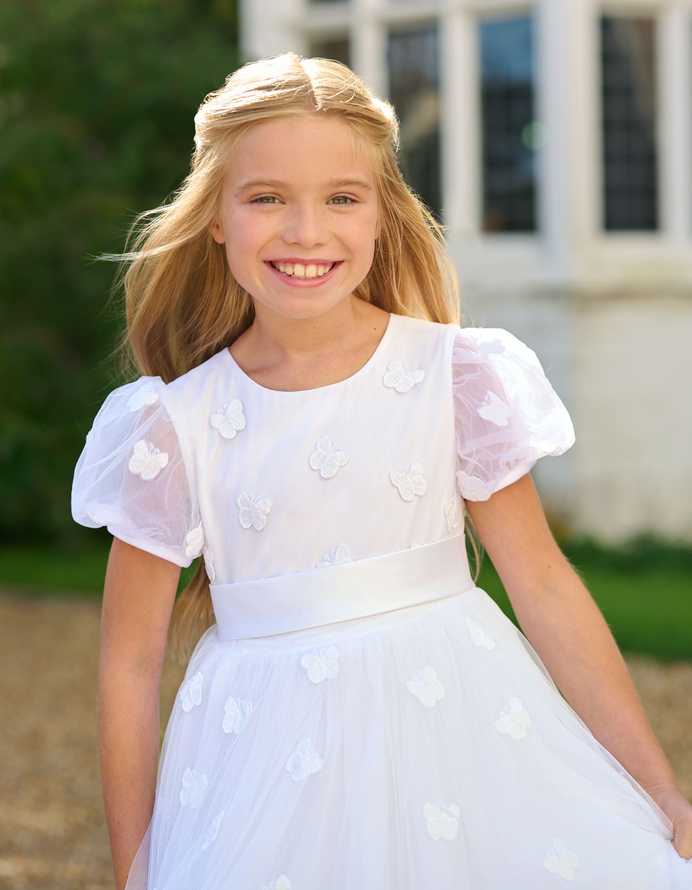 Felicity holy communion dress - a modest puff sleeve dress with butterfly appliques - Serena Rae | wed2b Felicity holy communion dress - a modest puff sleeve dress with butterfly appliques - Serena Rae | wed2b