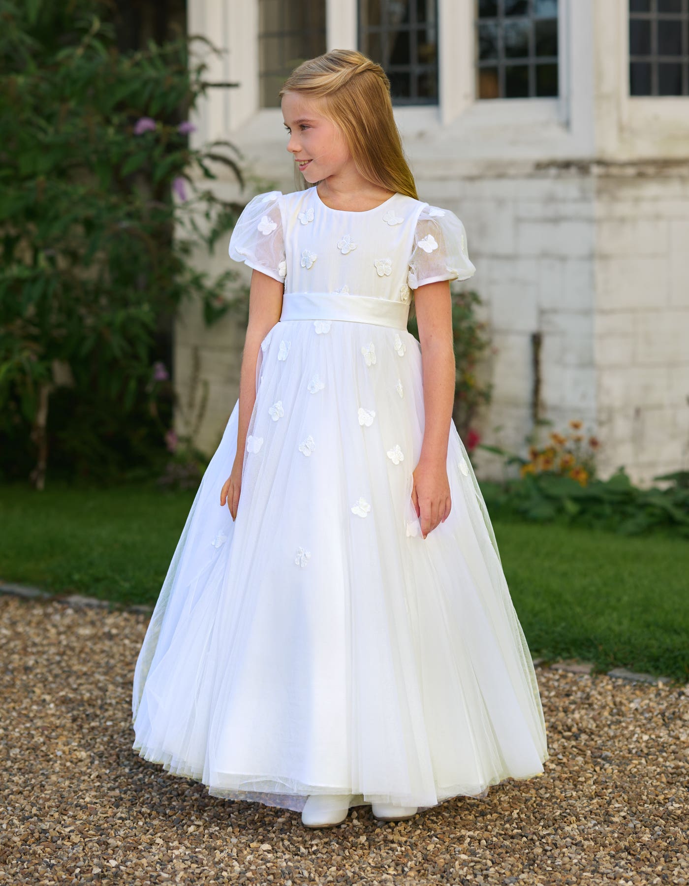 Felicity holy communion dress - a modest puff sleeve dress with butterfly appliques - Serena Rae | wed2b Felicity holy communion dress - a modest puff sleeve dress with butterfly appliques - Serena Rae | wed2b