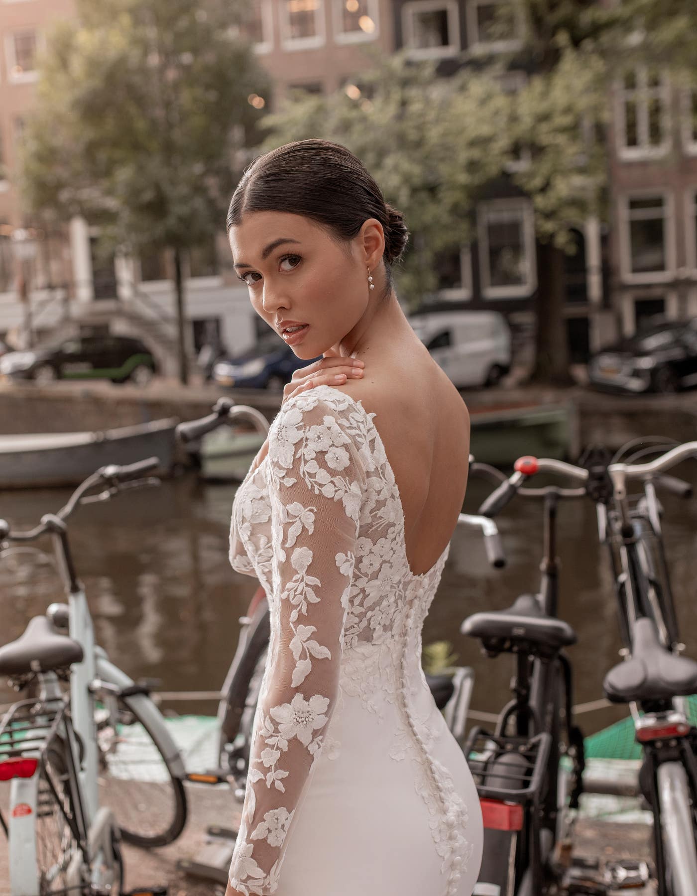 Fernanda a modern long sleeve lace and crepe sheath with cut out train | wed2b Fernanda a modern long sleeve lace and crepe sheath with cut out train | wed2b