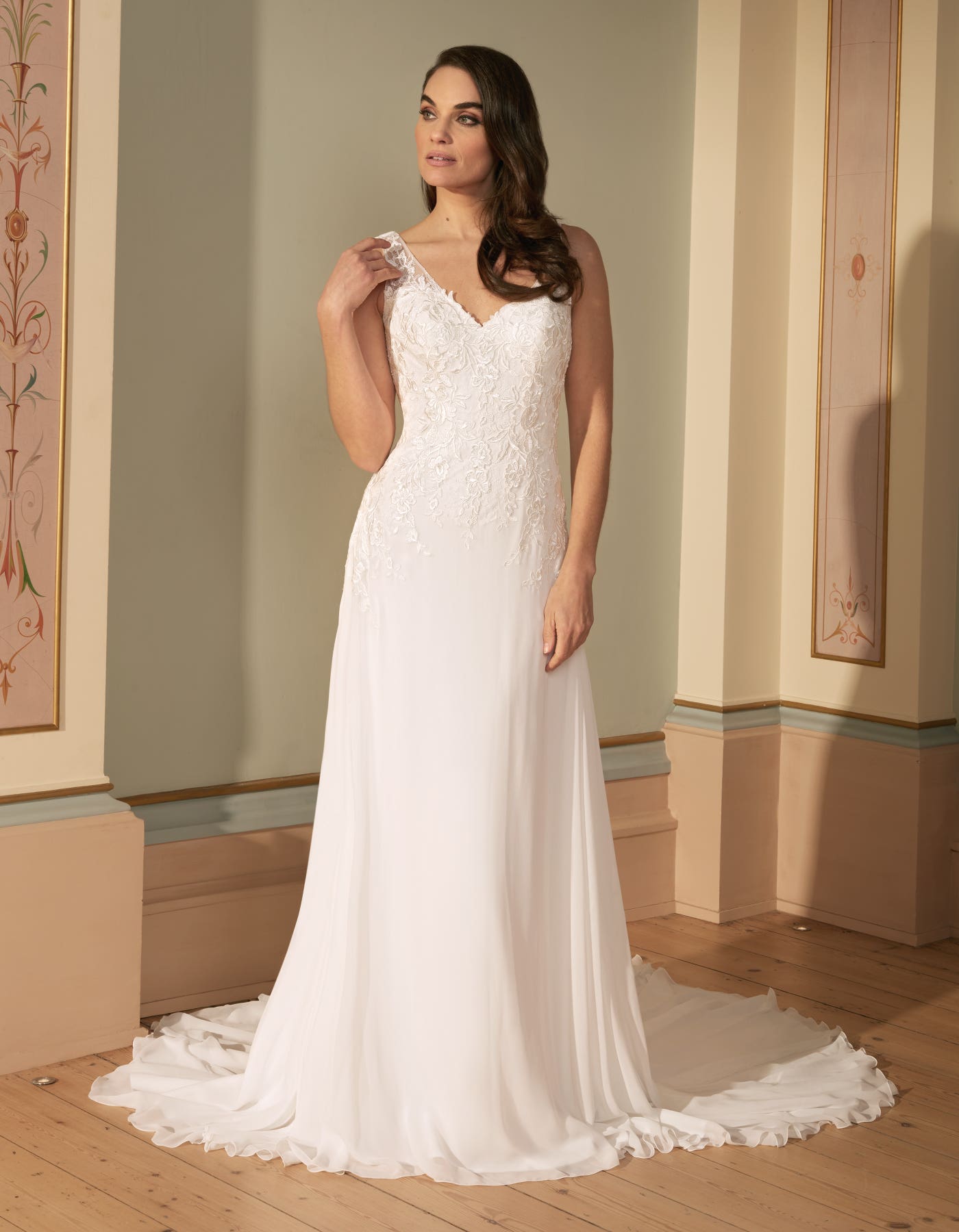 Laurette a lightweight lace A-line with striking cowl back | wed2b Laurette a lightweight lace A-line with striking cowl back | wed2b