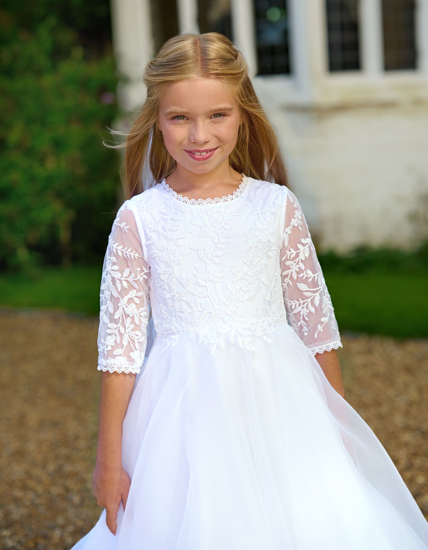 Lisette holy communion dress - a three-quarter lace sleeve dress with pockes - Serena Rae | wed2b Lisette holy communion dress - a three-quarter lace sleeve dress with pockes - Serena Rae | wed2b