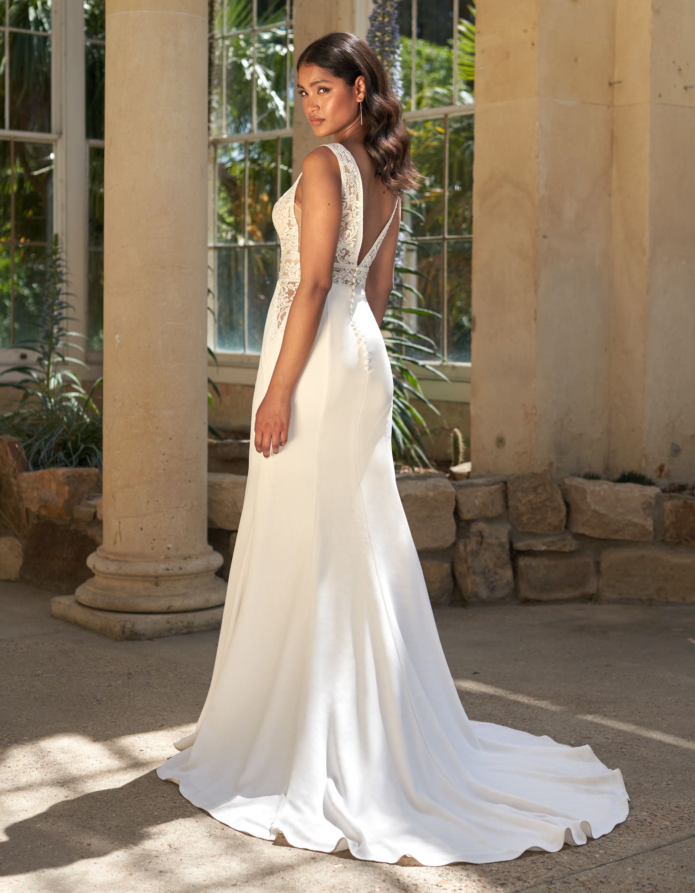 PAX - a modern crepe sheath gown with taped bodice | wed2b PAX -
a modern crepe sheath gown with taped bodice | wed2b