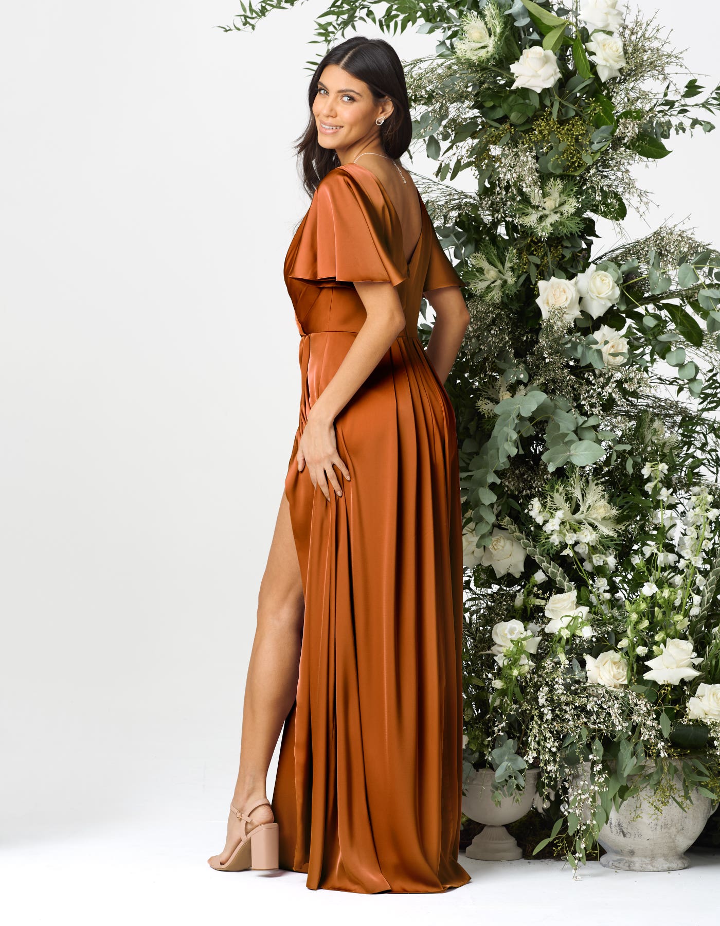Reece a romantic satin bridesmaids dress with angel sleeves, split skirt and pockets | wed2b Reece a romantic satin bridesmaids dress with angel sleeves, split skirt and pockets | wed2b