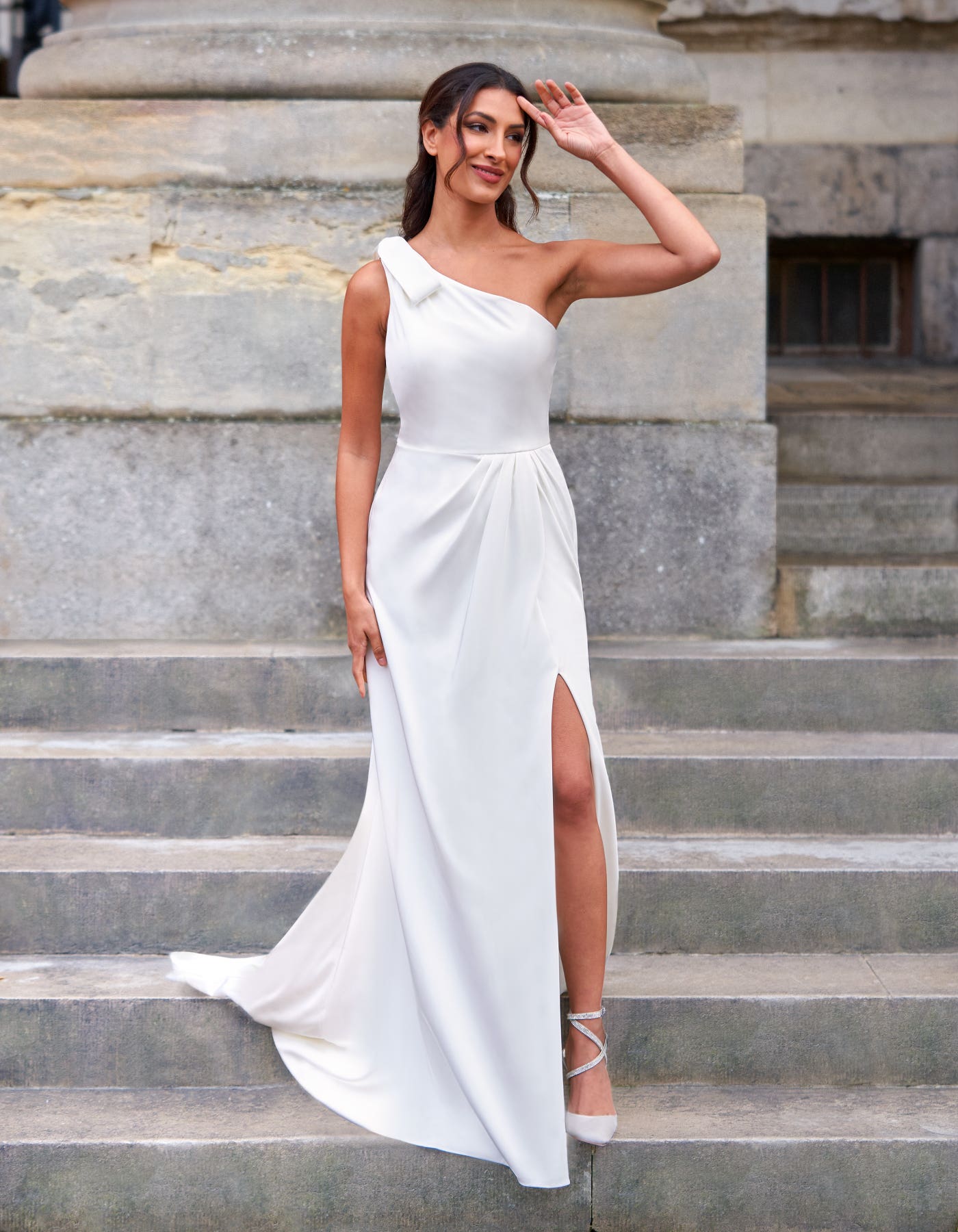 Tyra a one shoulder sheath with split skirt | wed2b Tyra a one shoulder sheath with split skirt | wed2b