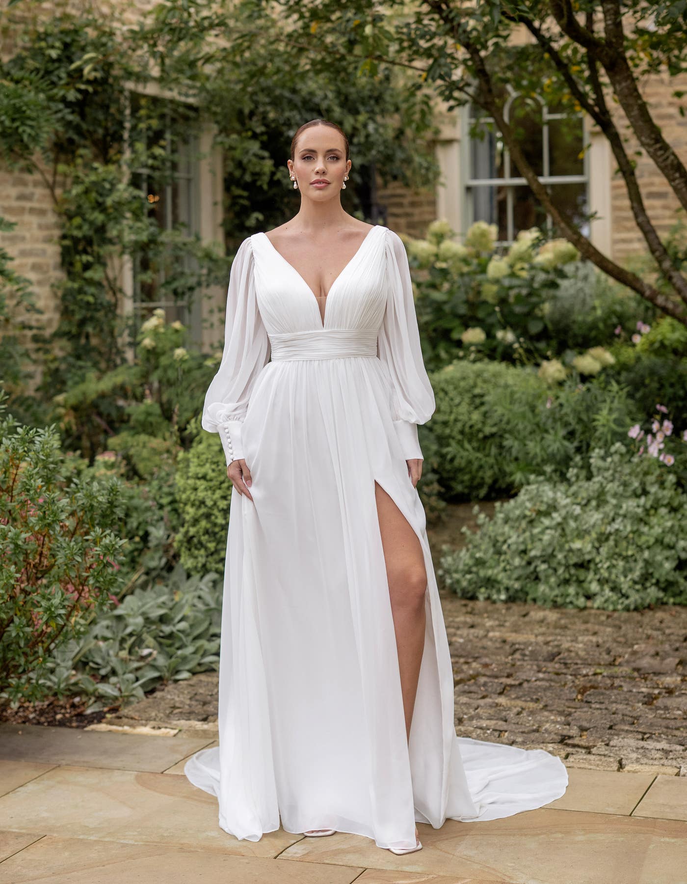 Wilma a balloon sleeve slim A-line with split skirt | wed2b Wilma a balloon sleeve slim A-line with split skirt | wed2b