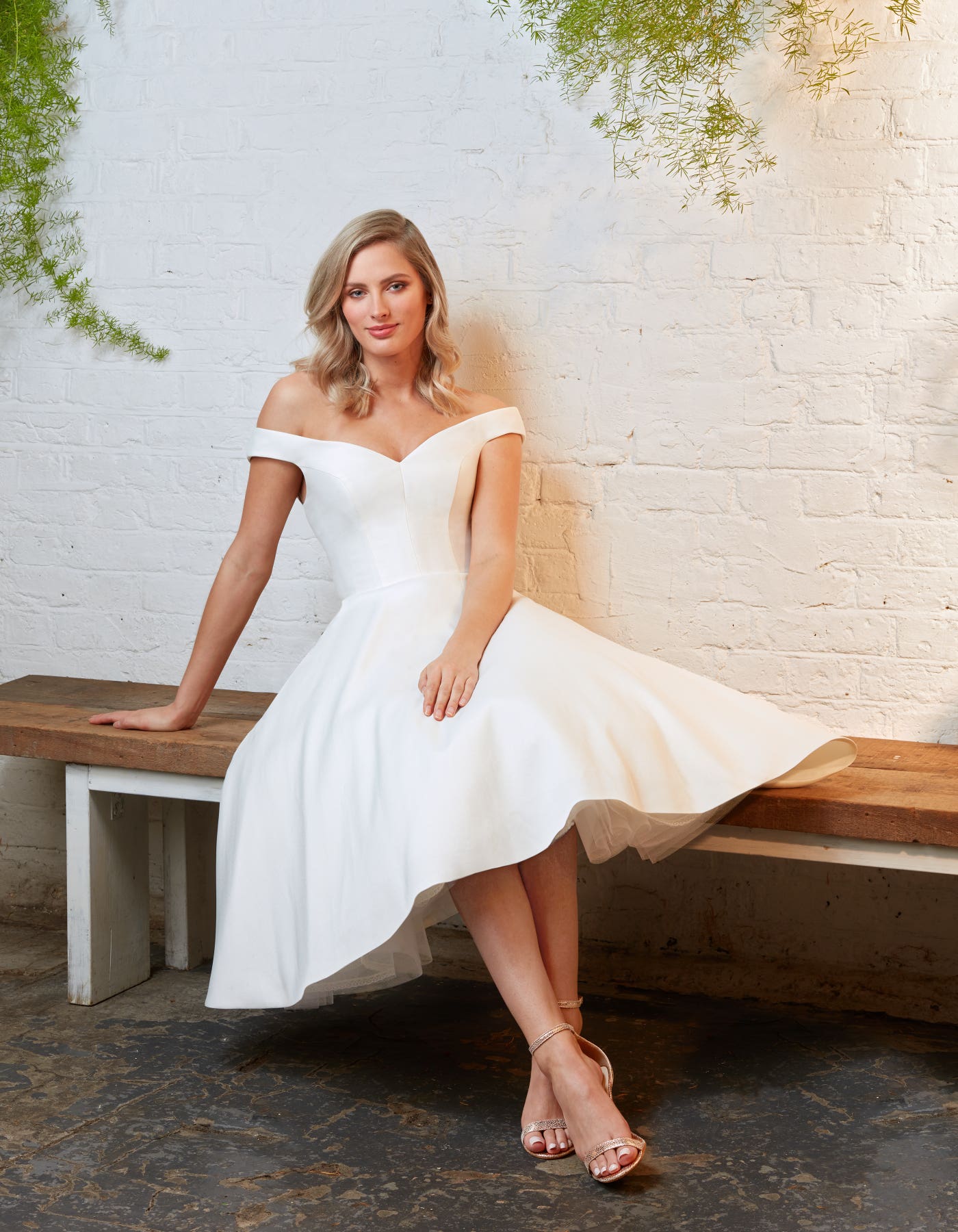 Yvette off-the-shoulder Mikado tea length with lace-up back | wed2b Yvette off-the-shoulder Mikado tea length with lace-up back | wed2b