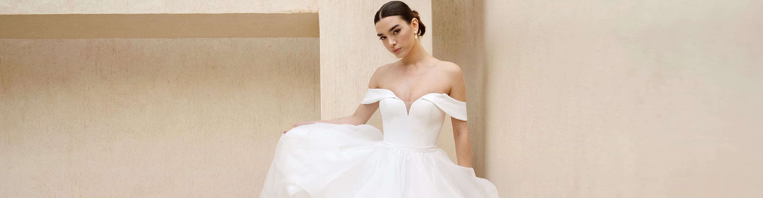 open lace back dress Princess A-Line Pearl Organza Wedding Dress with Off-Shoulder Draped Sleeves, Slit Skirt & Chapel Train 10