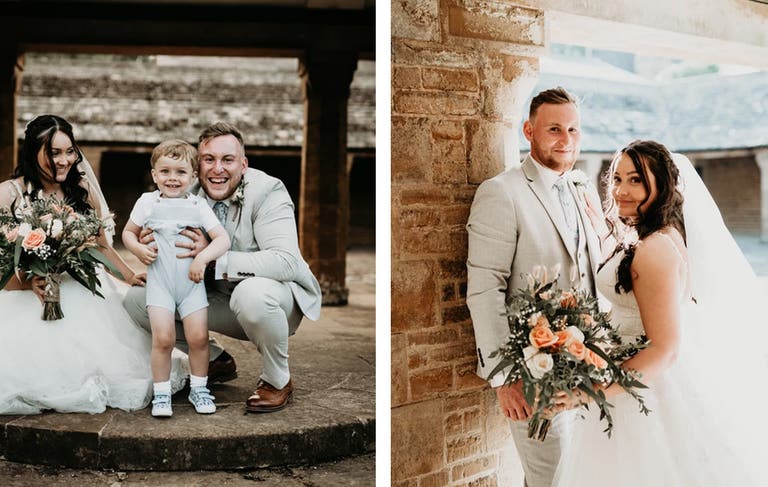 Bride and groom stood together holding hands smiling