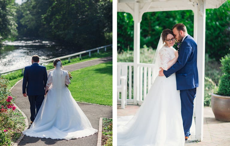 Bride and groom walking hand in hand along river, stood together under pergoda