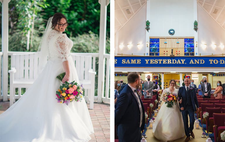 Bride stood smiling holding bouquet, walking down aisle with father