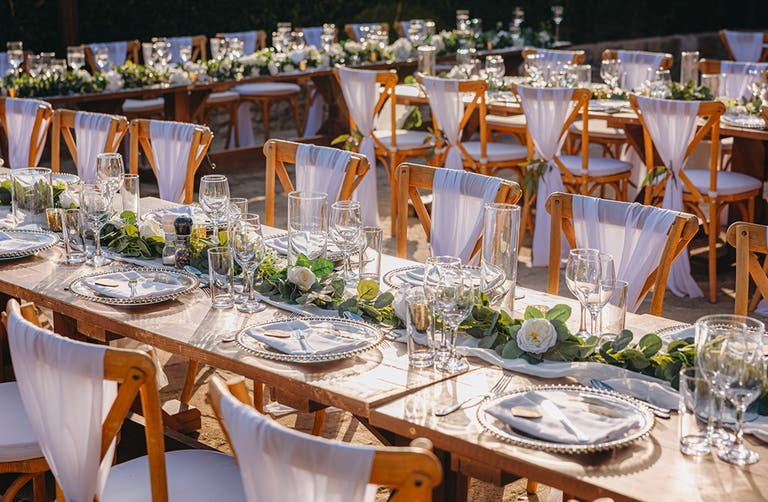 Katie and James table setting for their outdoor wedding breakfast