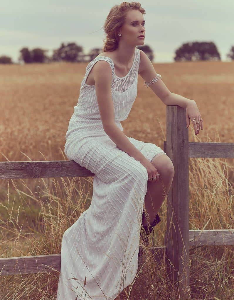 Front view of a boho wedding dress
