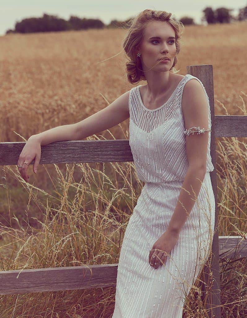 Front view of Myla a boho wedding dress