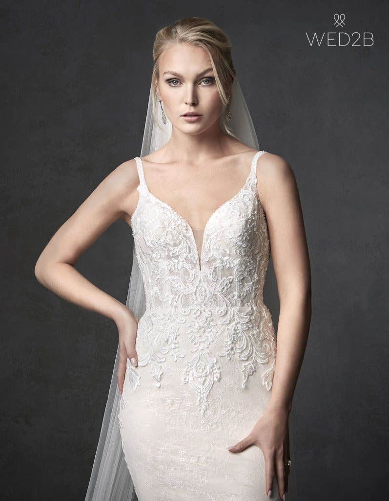 Front crop view of wedding dress with straps Syrah
