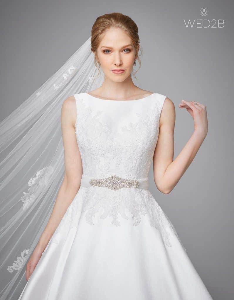 Front view of pleated wedding dress Phillipa by Anna Sorrano with accessories