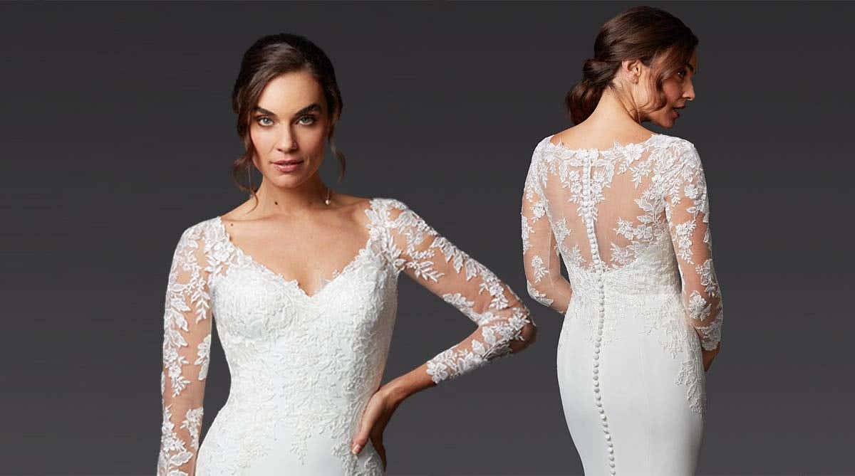Try a flattering long sleeve lace wedding dress...