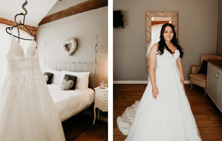 Bride in wedding dress getting ready