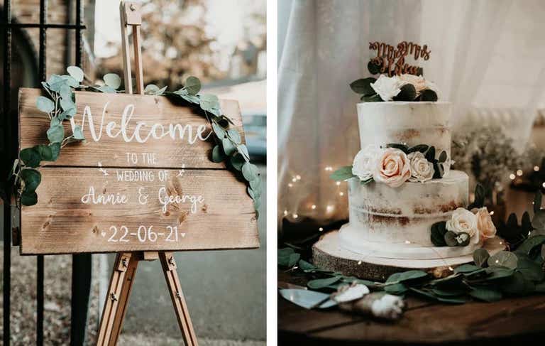 Welcome sign decorated with foliage. 2 tiered naked iced cake decorated with roses.