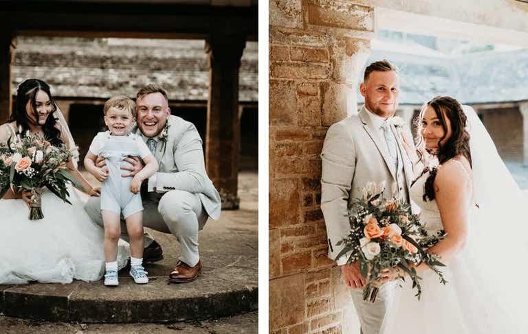 Bride and groom stood together holding hands smiling