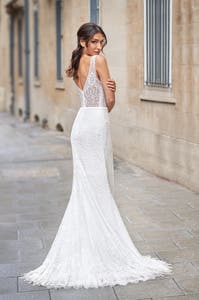 Full length back image of Dillon a sheath wedding dress in lace