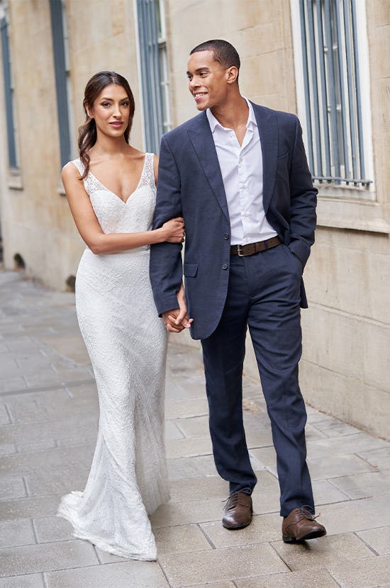 Full length front image of Dillon a sheath wedding dress in lace