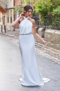 Full lenth front Image of Giana a modern wedding dress with a halter neckline