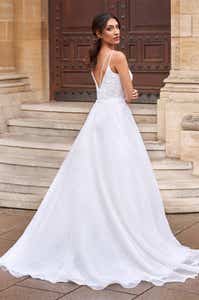 Full back image of Jonie a traditional A-line wedding dress with lace and organza