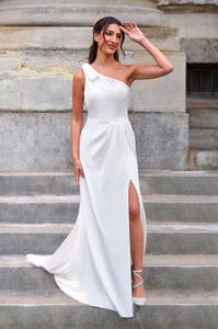 Full front image of Tyra a sheath wedding dress with a sexy split