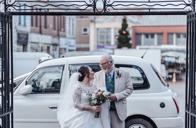 Rhiannon and her dad arriving to the church