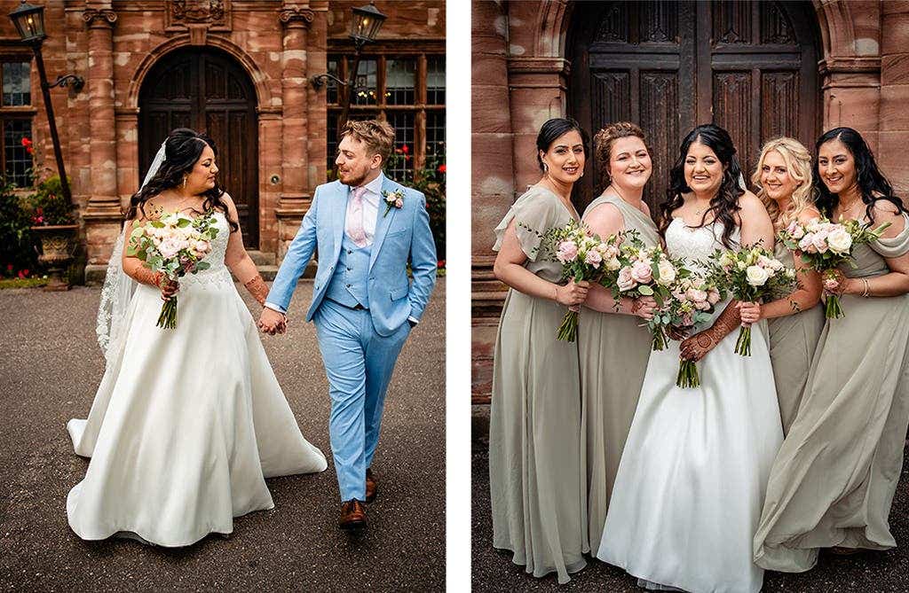 Nikki and Sam holding hands outside their wedding venue and Nikki posing with her 4 bridesmaids. 