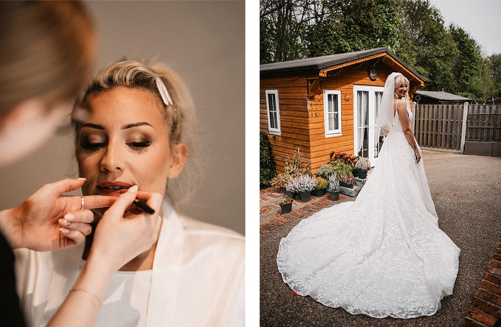 Sophie in her lace wedding dress before leaving for her wedding ceremony