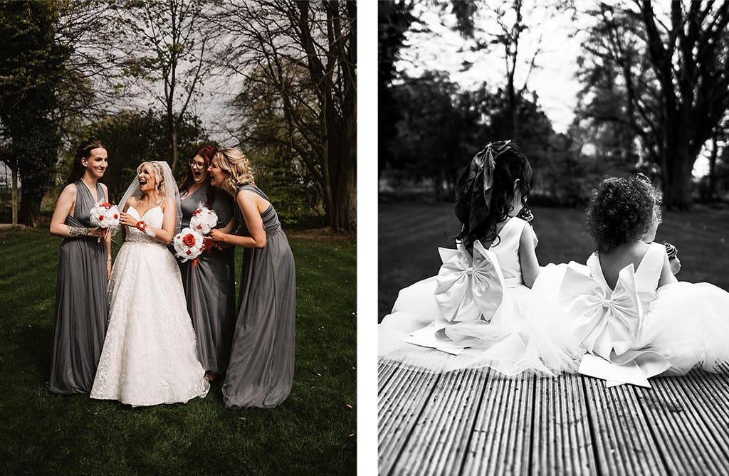 Sophie laughing with her bridesmaids wearing grey dresses