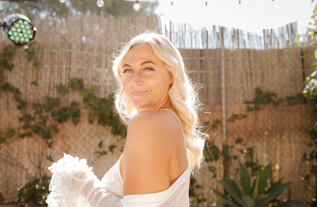 Close-up of bride Amy smiling on the morning of her wedding in Spain