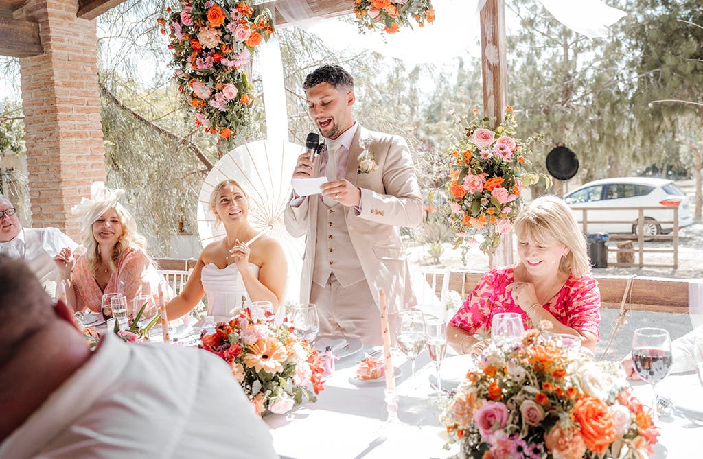 Rob delivering his wedding speech during the wedding breakfast in Spain