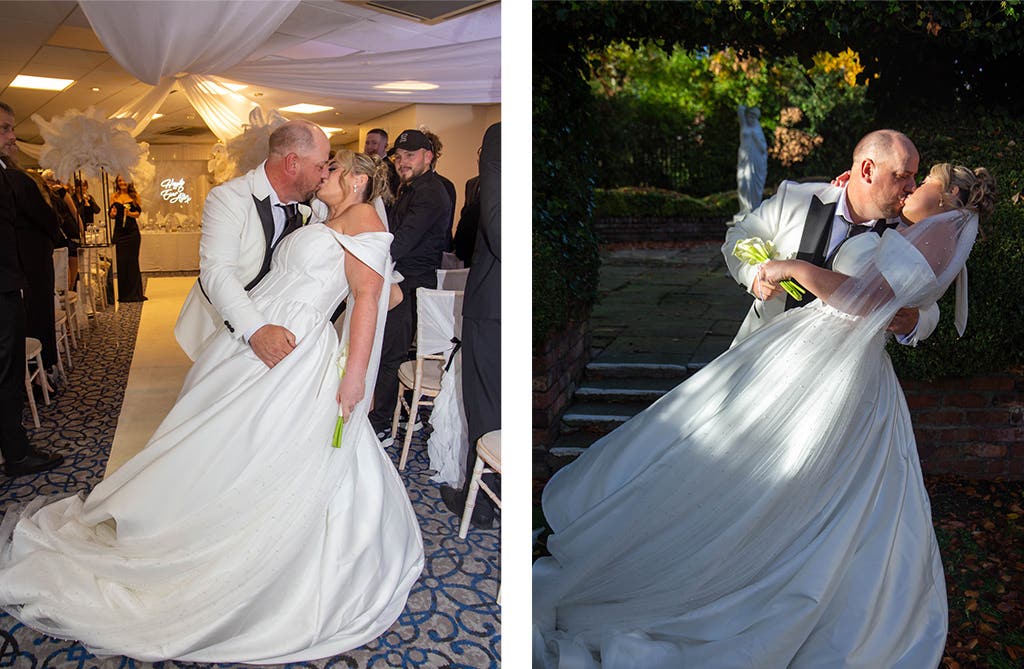 Rachel and Andrew posing for photos on the grounds of their Georgian hotel wedding venue