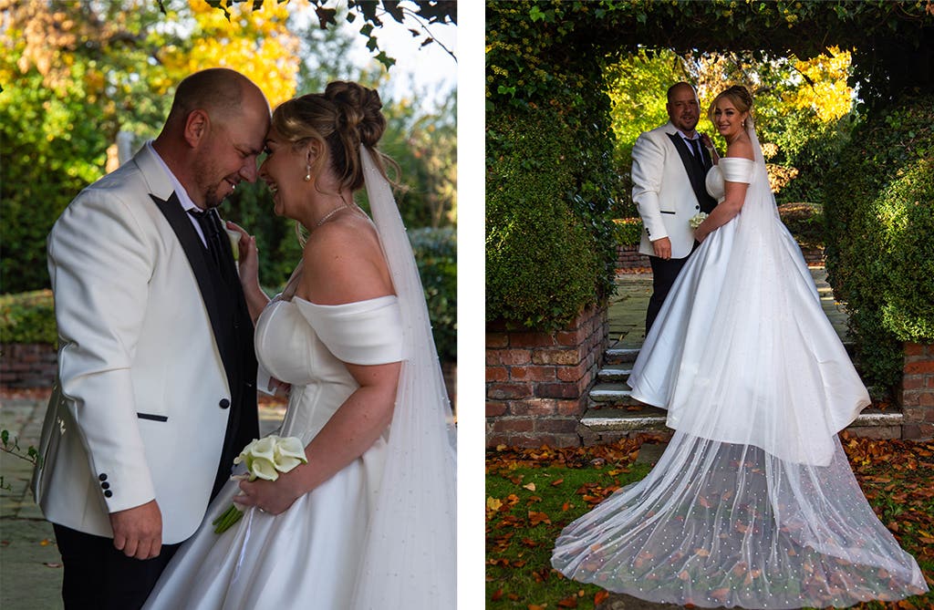 Rachel and Andrew posing for photos on the grounds of their Georgian hotel wedding venue