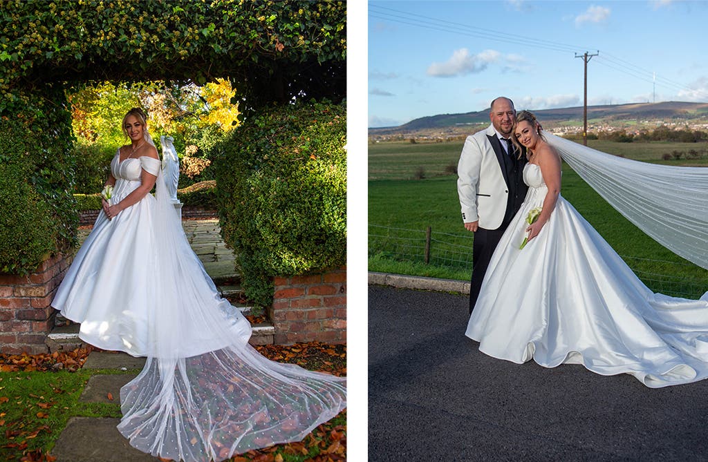 Bride Rachel wearing a Mikado ballgown and veil outside at her hotel wedding