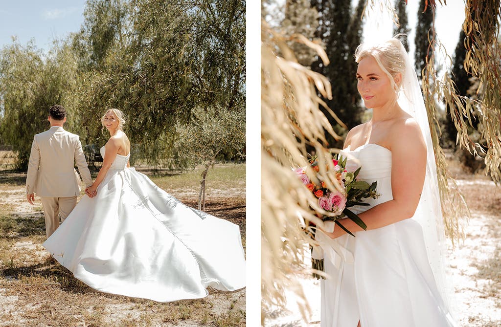 Bride Amy wearing her wed2b Mikado wedding dress during her celebration in Spain