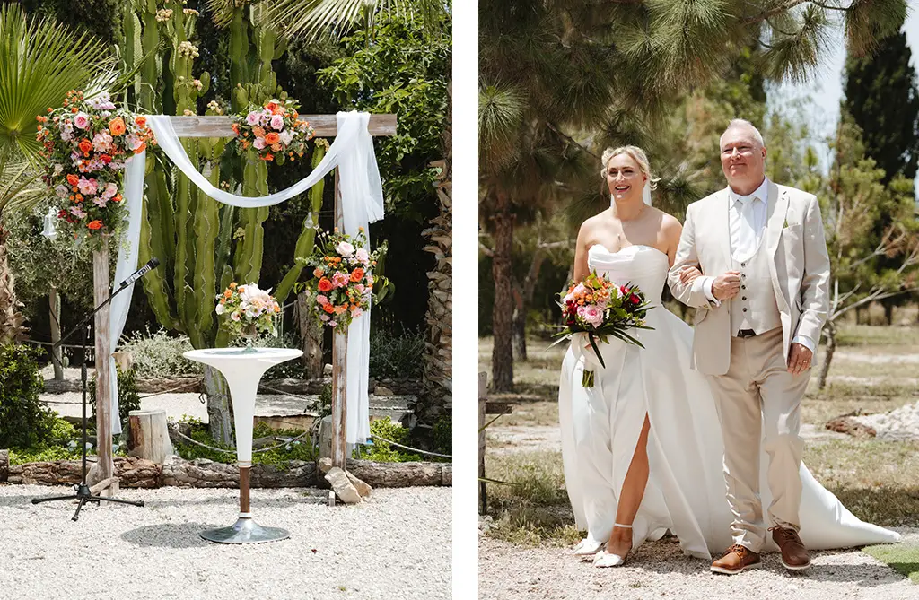 Amy walking down the outdoor aisle with her dad at their non-traditional wedding in Spain