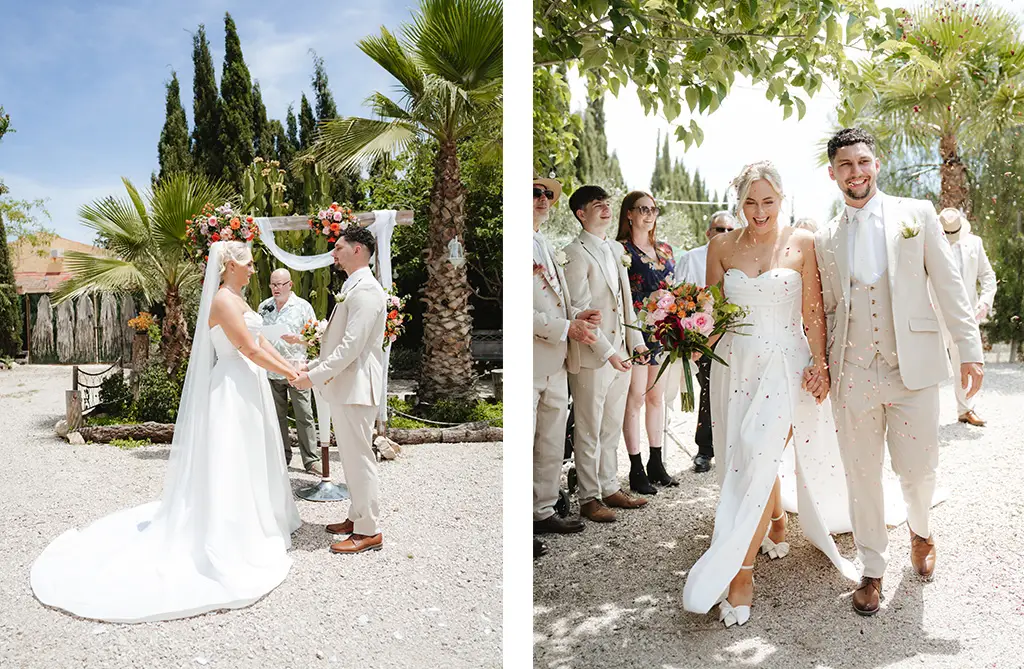 Amy and Rob standing together during their outdoor wedding ceremony in Spain
