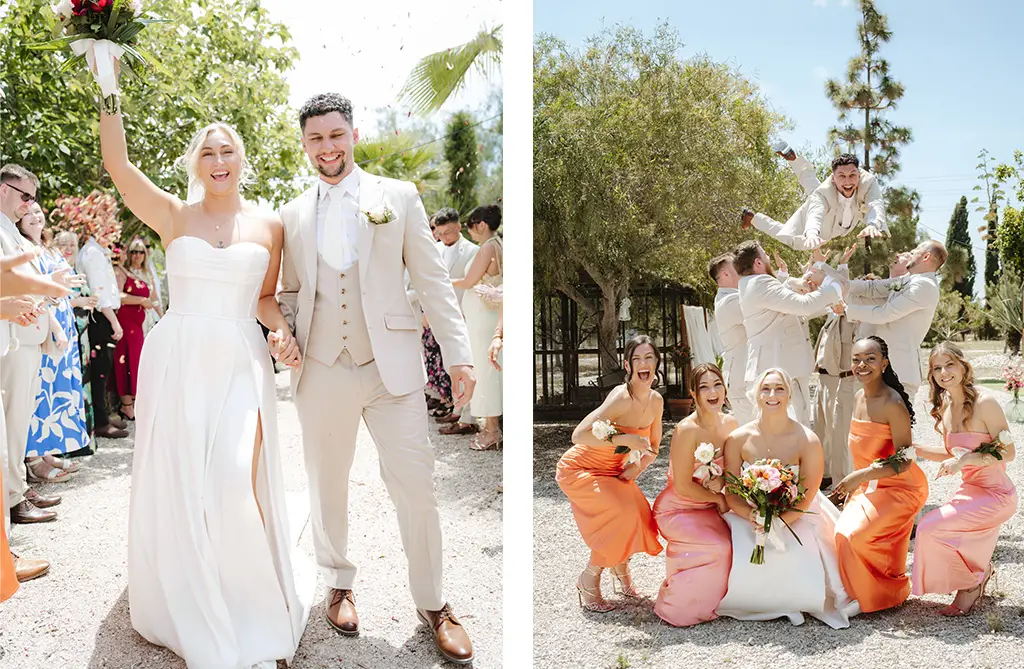 Amy and Rob celebrating with their bridal party at their Spanish destination wedding