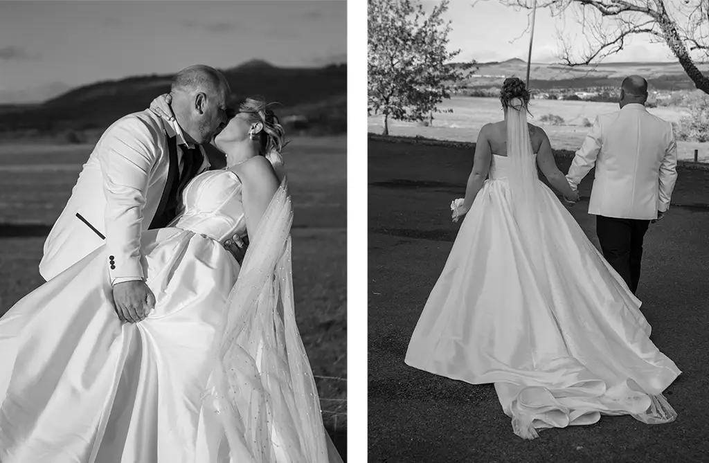 Black and white image of Rachel and Andrew during their hotel wedding evening reception