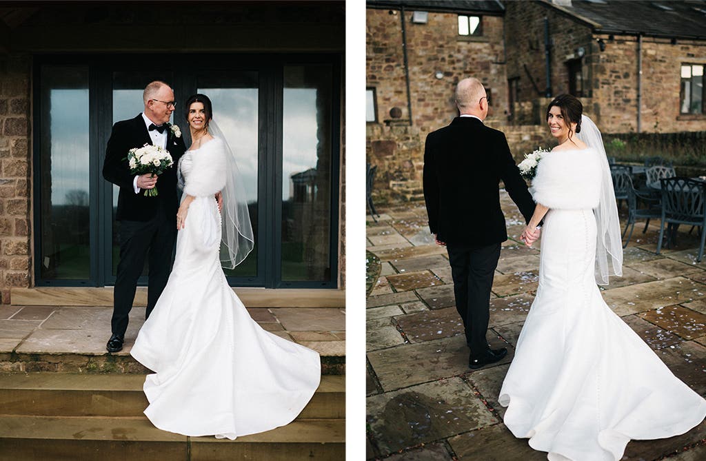 Bride and groom outside Beeston Manor on their Christmas wedding day