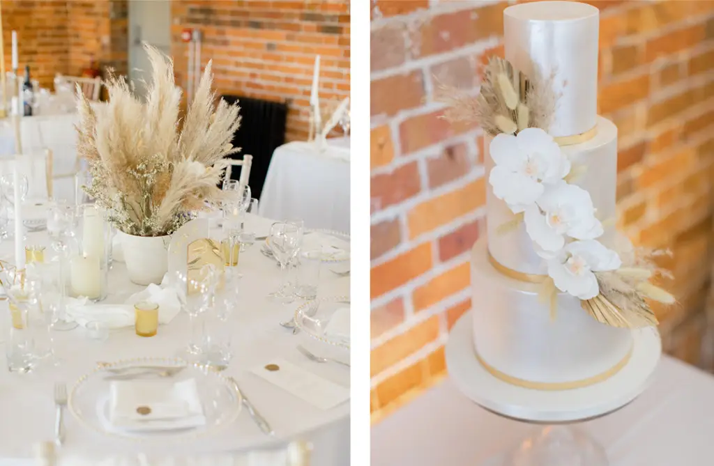 Elegant neutral wedding table setting and cake from Sammy and Josh’s wedding