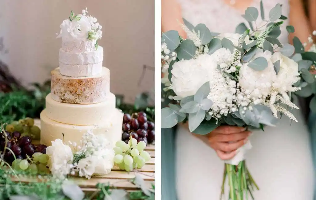 White spring floral wedding cake and bouquet from Vicki and Tom’s wedding