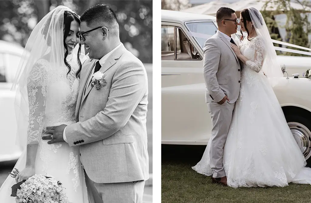 Rebecca and Christian cuddling beside their vintage wedding car after their ceremony
