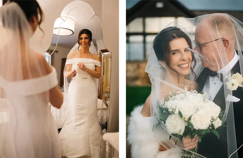 Bride wearing the Dua wedding dress by Sofia Cruz at a winter wedding